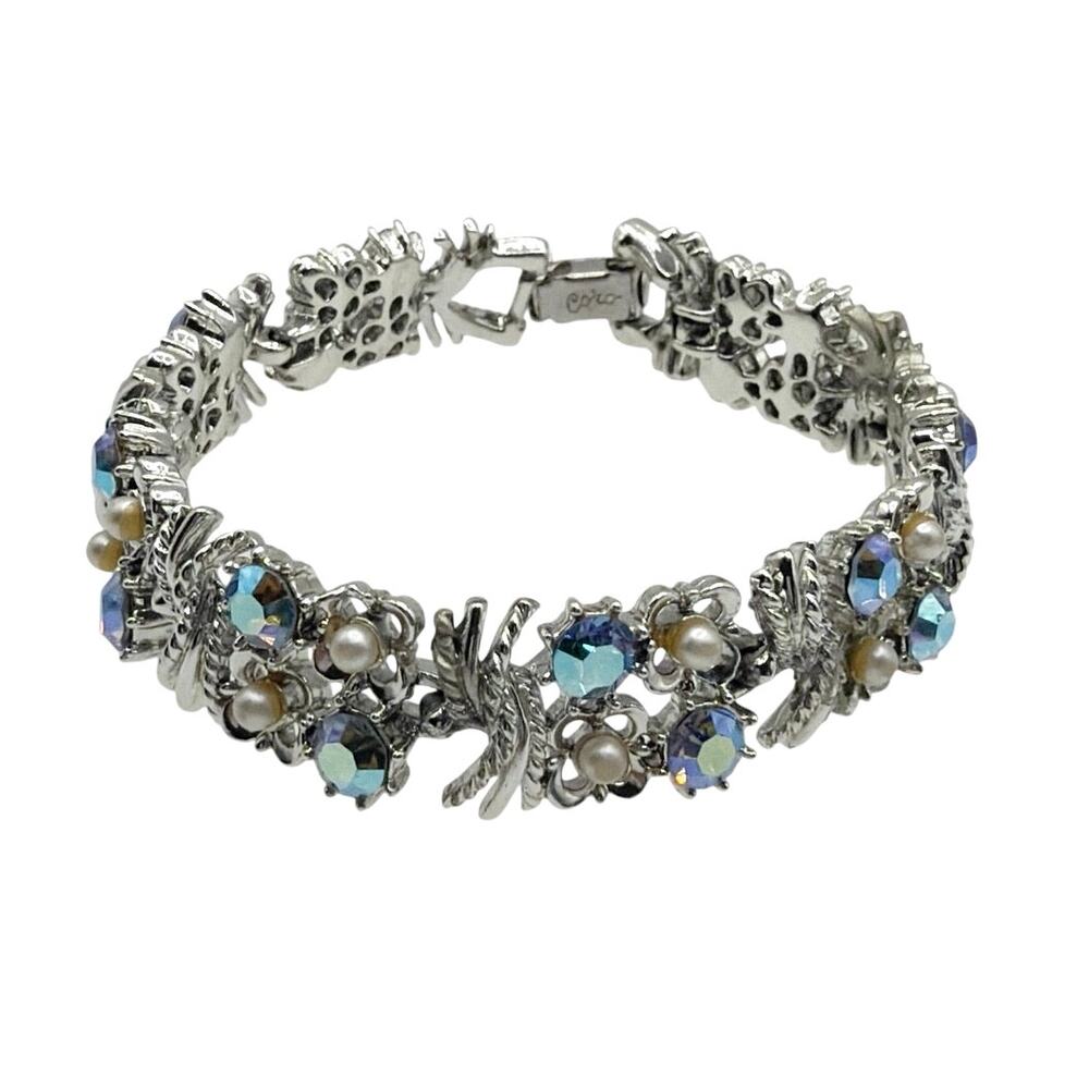 Coro Bracelet Silver Tone and Blue AB Rhinestones 7"